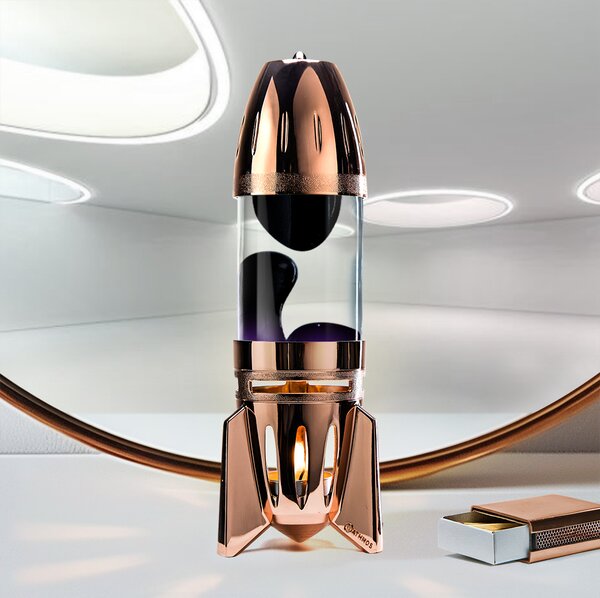 Mathmos Fireflow R1 Copper, originální lávová lampa měděná s čirou tekutinou a černou lávou, pro čajovou svíčku, výška 24cm