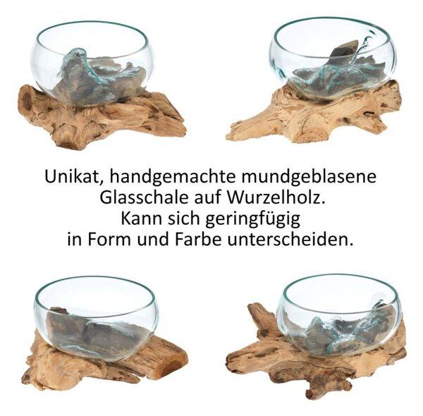 Foukaná skleněná miska na teakovém dřevě, 20 cm