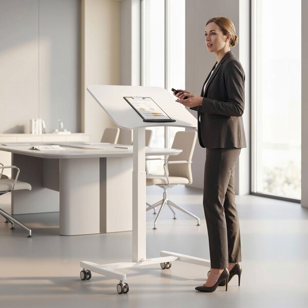 HOMCOM výškově nastavitelný stojací stůl 75–114 cm — mobilní stolík na notebook s naklápěcí deskou, bezpečnostní zarážkou, ocelovým rámem, pneumatické