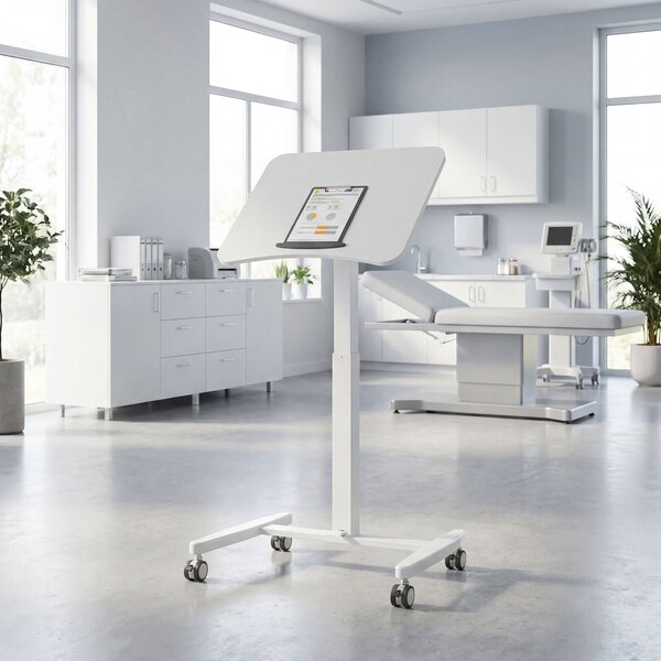 HOMCOM výškově nastavitelný stojací stůl 75–114 cm — mobilní stolík na notebook s naklápěcí deskou, bezpečnostní zarážkou, ocelovým rámem, pneumatické