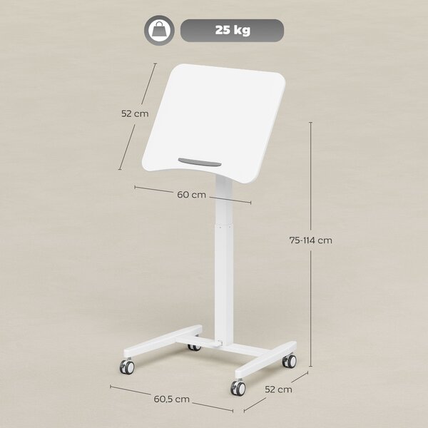 HOMCOM výškově nastavitelný stojací stůl 75–114 cm — mobilní stolík na notebook s naklápěcí deskou, bezpečnostní zarážkou, ocelovým rámem, pneumatické