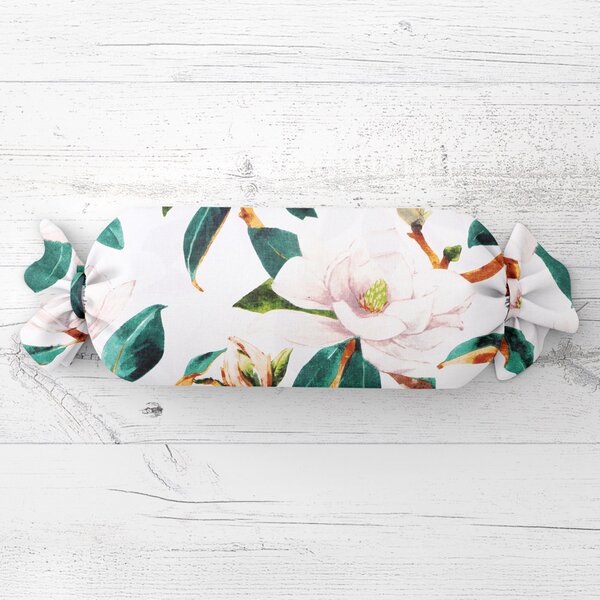 Biante Polštář válec bonbon Sandra SA-293 Magnolie se zelenými listy na bílém 15x40 cm
