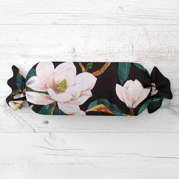 Biante Polštář válec bonbon Sandra SA-300 Květy magnolie na černém 15x40 cm
