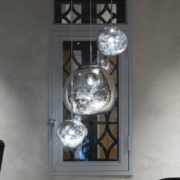 Tom Dixon LED závěsné světlo Melt Mini, Ø 28 cm, chromová barva, stmívatelný, Chrom / stříbro, Obývací pokoj / jídelna, Plast, Design