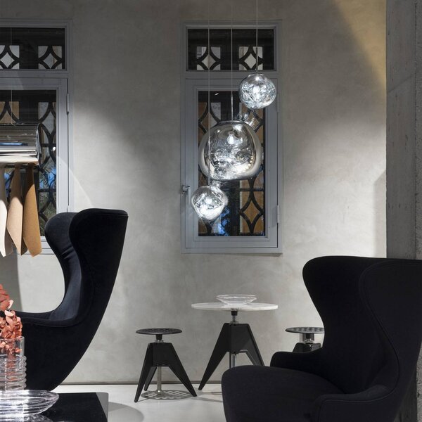 Tom Dixon LED závěsné světlo Melt Mini, Ø 28 cm, chromová barva, stmívatelný, Chrom / stříbro, Obývací pokoj / jídelna, Plast, Design