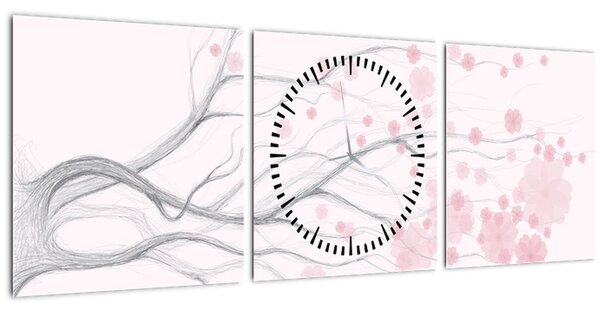 Obraz - Růžové květy (s hodinami) (90x30 cm)