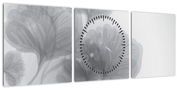 Obraz květin v šedých odstínech (s hodinami) (90x30 cm)