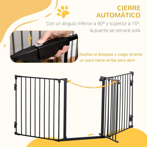 Skládací psí zábrana PawHut 180x74,5 cm s 3 panely a automatickým zámkem pro bezpečnostní bránu na schodiště a chodby - černá | Aosom