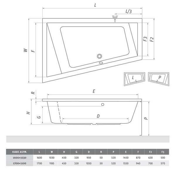 Roth Asymetrická akrylátová vana KUBIC ASYMMETRIC Varianta: rozměry: 170x110 cm, orientace: Levá - (KUBIC ASYMMETRIC 170 L - 9680000)