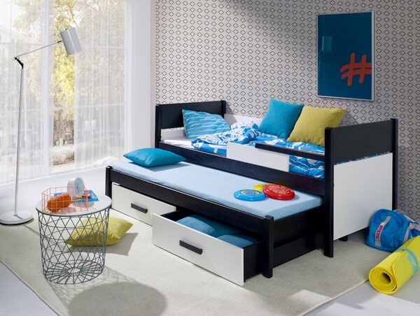 Rozkládací postel Danilo s úložným prostorem 80x180 cm (Š 87 cm, D 190 cm, V 80 cm), Přírodní borovice, Modré PVC, 2 ks matrace (1 ks hlavní + 1 ks přistýlka), bez zábranky
