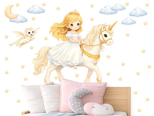 Blond princezna na jednorožci textilní přelepitelné samolepky na zeď arch 46 x 42 cm