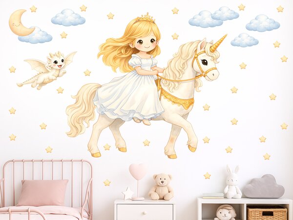 Blond princezna na jednorožci textilní přelepitelné samolepky na zeď arch 46 x 42 cm