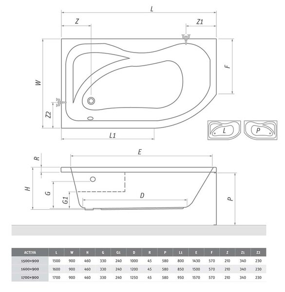 Roth Asymetrická akrylátová vana ACTIVA Varianta: rozměry: 150x90 cm, orientace: Levá - (ACTIVA 150 L - 8410000)