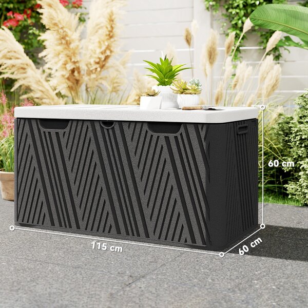 Outsunny 380L zahradní úložná lavice s plynovým pístem a 2 bočními držadly, voděodolná HDPE zahradní úložná sedačka, UV ochrana, 115x60x60 cm, černá a