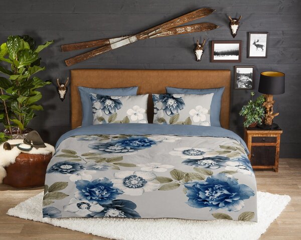 Modro-šedé prodloužené flanelové povlečení na dvoulůžko 200x220 cm Gabin – Good Morning