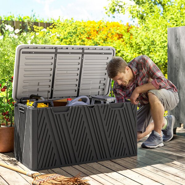 Outsunny 380L zahradní úložná lavice s plynovým pístem a 2 bočními držadly, voděodolná HDPE zahradní úložná sedačka, UV ochrana, 115x60x60 cm, černá a