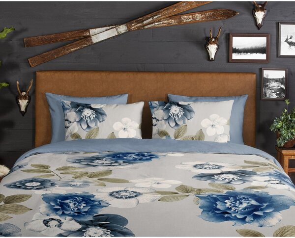 Modro-šedé prodloužené flanelové povlečení na dvoulůžko 200x220 cm Gabin – Good Morning