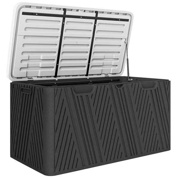 Outsunny 380L zahradní úložná lavice s plynovým pístem a 2 bočními držadly, voděodolná HDPE zahradní úložná sedačka, UV ochrana, 115x60x60 cm, černá a