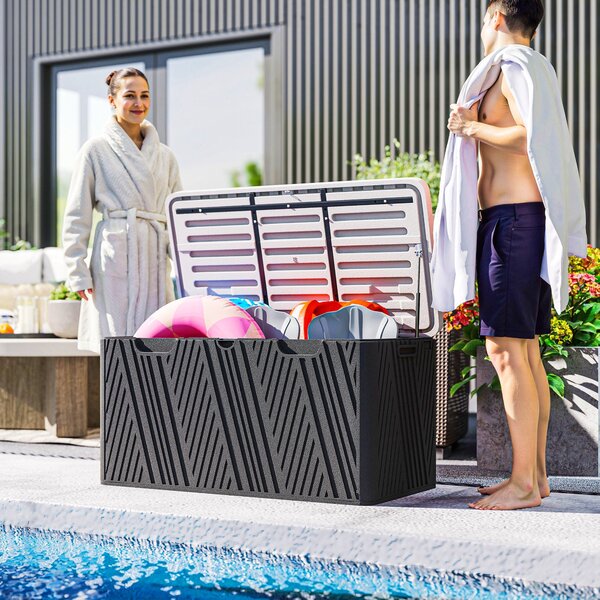 Outsunny 380L zahradní úložná lavice s plynovým pístem a 2 bočními držadly, voděodolná HDPE zahradní úložná sedačka, UV ochrana, 115x60x60 cm, černá a