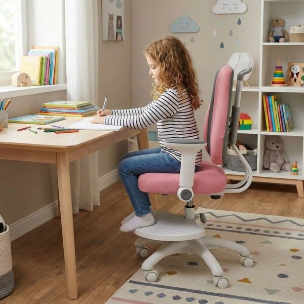 Dětská rostoucí židle Neoseat KINDER WHITE PLUS — látka, šedá / světle růžová