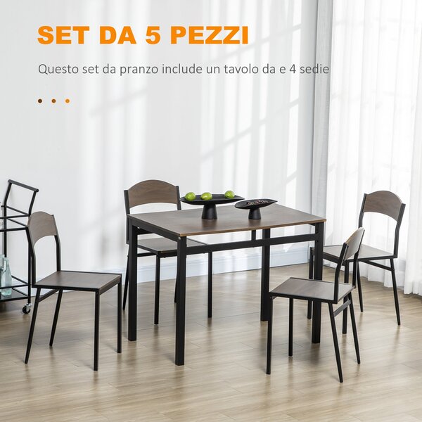 HOMCOM 5-dílná jídelní souprava se 1 obdélníkovým stolem 100x63x76.5 cm a 4 židlemi 45x40x82 cm, v kovu a MDF, černá a hnědá | Aosom