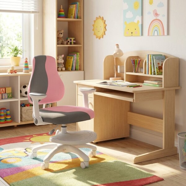 Dětská rostoucí židle Neoseat KINDER WHITE PLUS — látka, šedá / světle růžová