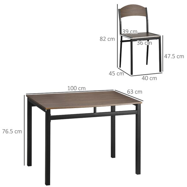 HOMCOM 5-dílná jídelní souprava se 1 obdélníkovým stolem 100x63x76.5 cm a 4 židlemi 45x40x82 cm, v kovu a MDF, černá a hnědá | Aosom