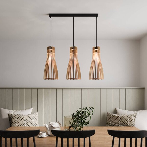 TEMAR LIGHTING Závěsné světlo Bottle, tříramenné, stmívatelný, Světlé dřevo, Obývací pokoj / jídelna, Dřevo, Venkovský / rustikální