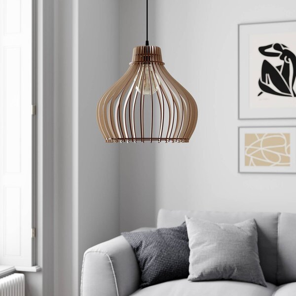 TEMAR LIGHTING Závěsné světlo Barrel jeden zdroj, Ø 38 cm, stmívatelný, Světlé dřevo, Obývací pokoj / jídelna, Dřevo, Venkovský / rustikální