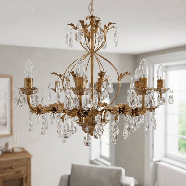 ONLI Lustr Teresa, bronz, křišťál, Ø 70 cm, 8 světel, stmívatelný, Bronz / starožitná mosaz, Obývací pokoj / jídelna, kov, Starožitný