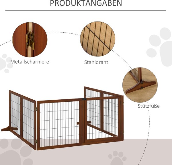 PawHut Psí Zábrana Nastavitelná Bezpečnostní Brána s Nožkami 432 x 70 cm Dřevěná Psí Brána Skládací Schodišťová Zábrana pro Schody, Dveře, Chodby, 6 P