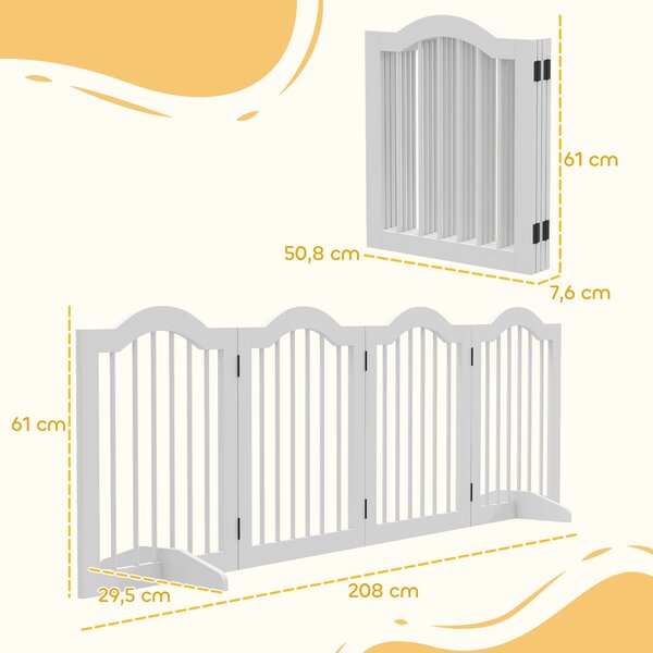 PawHut Psí Zábrana 4-Panel, 208 x 61 cm Skládací Psí Brána s Dveřmi, Ochranná Brána s 2 Podpěrami, Samostatná Zábrana pro Schody do Kuchyně, Chodby, B
