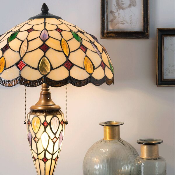 Clayre&Eef Stolní lampa 5182 s barevným stínidlem Tiffany, Vícebarevná, Obývací pokoj / jídelna, Sklo, Tiffany