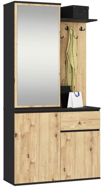Předsíňová sestava Enteruno (černá + dub artisan) (se zrcadlem)