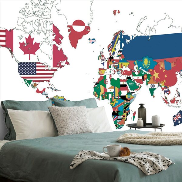 Samolepící tapeta mapa světa s vlajkami s bílým pozadím