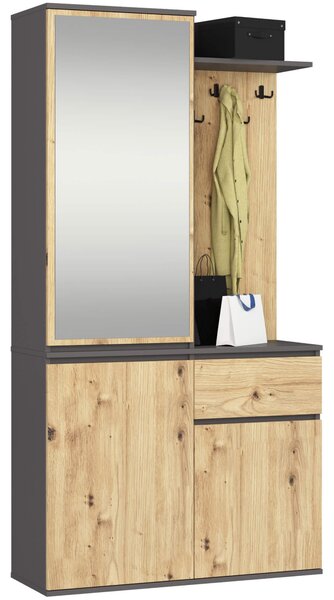 Předsíňová sestava Enteruno (šedý grafit + dub artisan) (se zrcadlem)