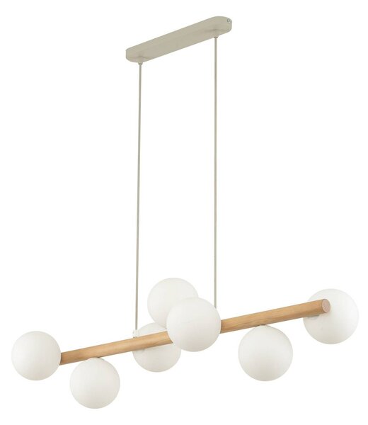 TK Lighting Závěsné svítidlo Estera, opálové sklo, dřevo, sedm světelných zdrojů, stmívatelný, Světlé dřevo, Obývací pokoj / jídelna, Sklo, Koule