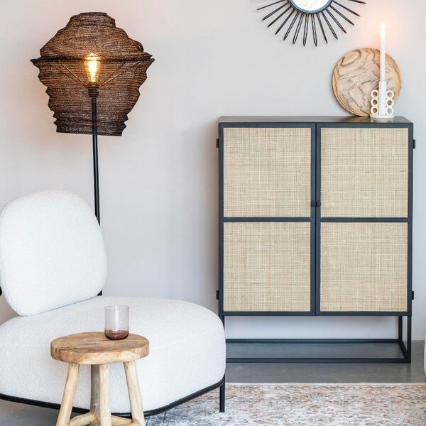 White Label Černá lakovaná komoda s ratanovou výplní WLL GUUJI 80 x 38 cm