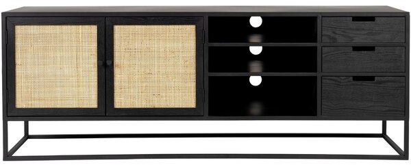 White Label Černý lakovaný TV stolek s ratanovou výplní WLL GUUJI 150 x 38 cm