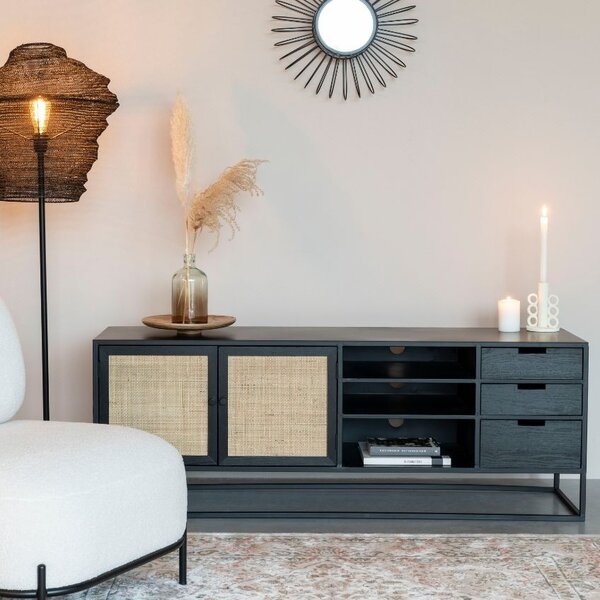 White Label Černý lakovaný TV stolek s ratanovou výplní WLL GUUJI 150 x 38 cm