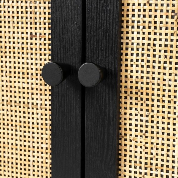 White Label Černý lakovaný TV stolek s ratanovou výplní WLL GUUJI 150 x 38 cm