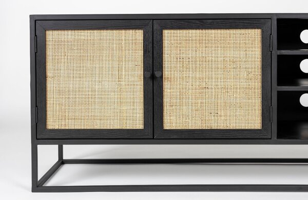 White Label Černý lakovaný TV stolek s ratanovou výplní WLL GUUJI 150 x 38 cm