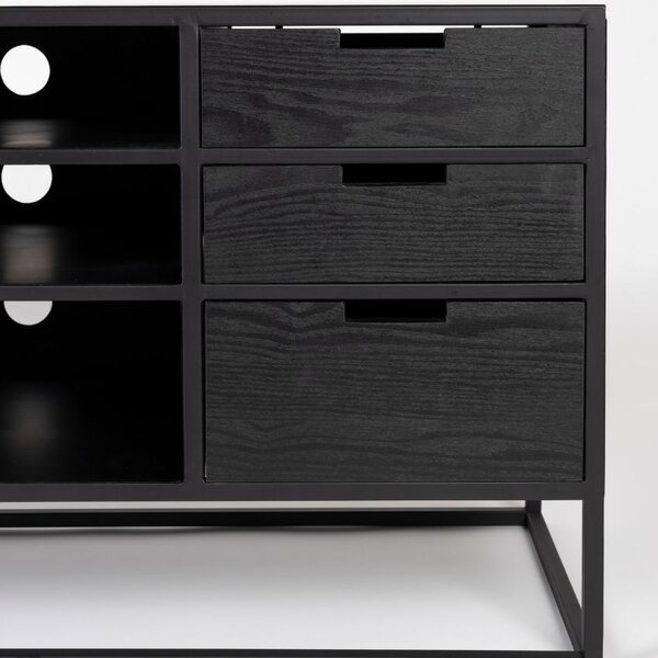 White Label Černý lakovaný TV stolek s ratanovou výplní WLL GUUJI 150 x 38 cm