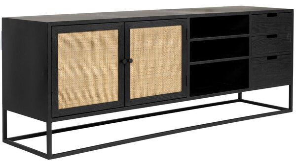 White Label Černý lakovaný TV stolek s ratanovou výplní WLL GUUJI 150 x 38 cm