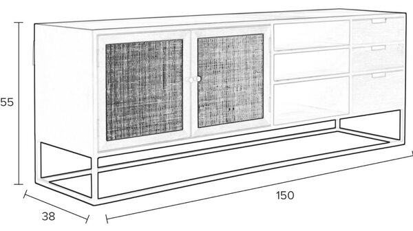 White Label Černý lakovaný TV stolek s ratanovou výplní WLL GUUJI 150 x 38 cm