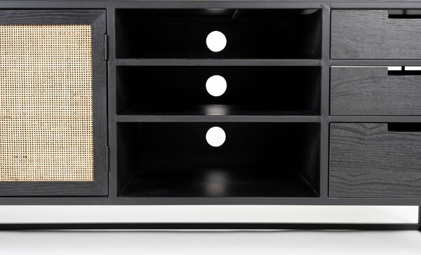 White Label Černý lakovaný TV stolek s ratanovou výplní WLL GUUJI 150 x 38 cm