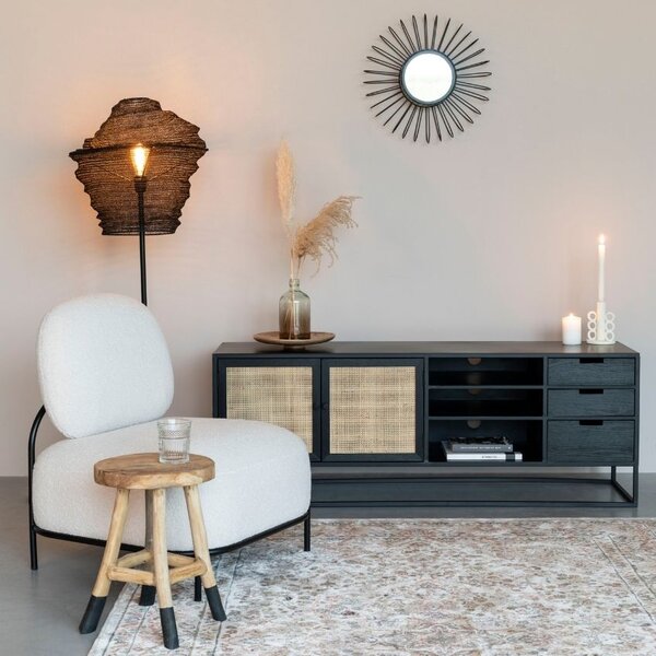 White Label Černý lakovaný TV stolek s ratanovou výplní WLL GUUJI 150 x 38 cm