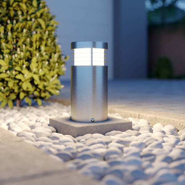 Arcchio stojací lampa Caramia, 23 cm, nerezová ocel, odolná proti slané vodě, stmívatelný, Hliník / šedá / zinek, Moderní