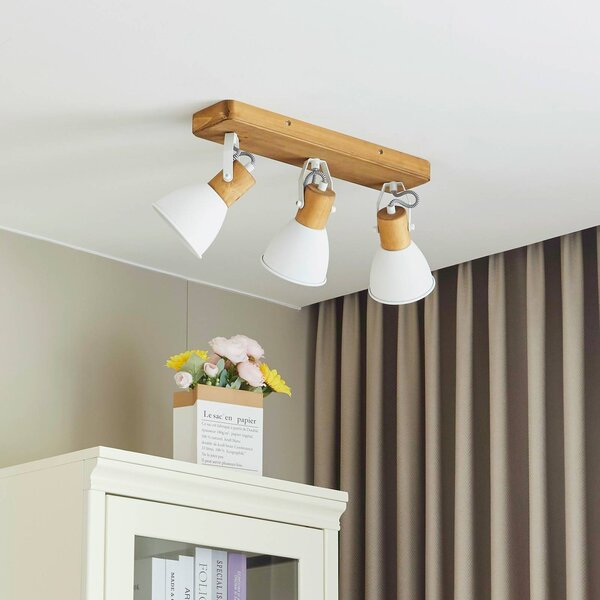 Lindby Stropní bod Merela, bílý, 45 cm, 3 světla, dřevo, E14, stmívatelný, Světlé dřevo, Obývací pokoj / jídelna, Dřevo, Skandinávský
