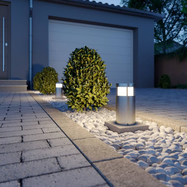 Arcchio stojací lampa Caramia, 23 cm, nerezová ocel, odolná proti slané vodě, stmívatelný, Hliník / šedá / zinek, Moderní